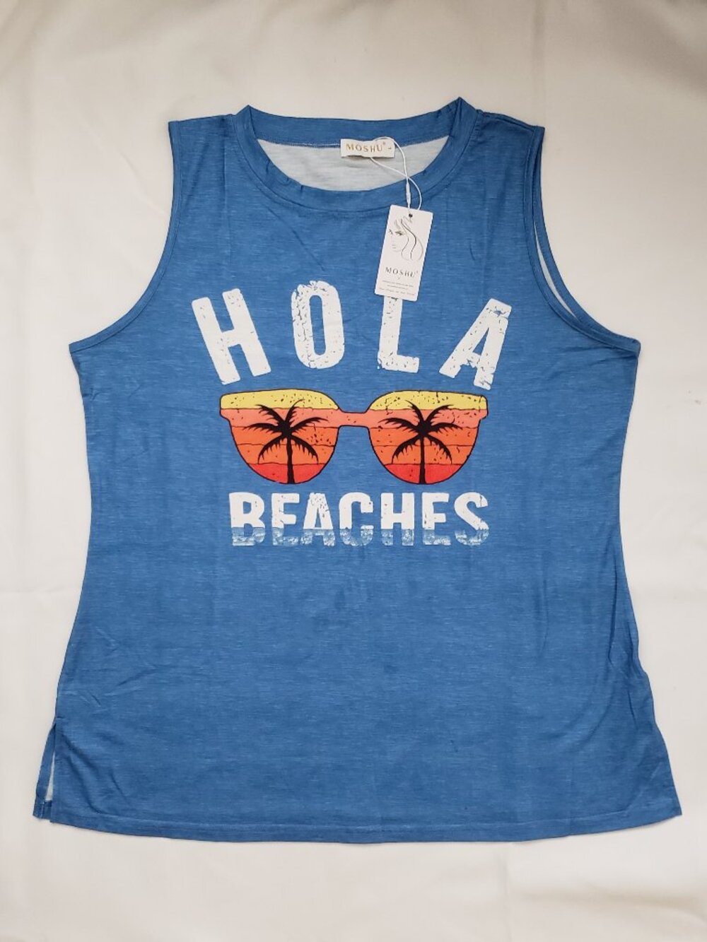 NWT Summer Hola Beaches size Large tank top beach casual palm tree sunglasses
